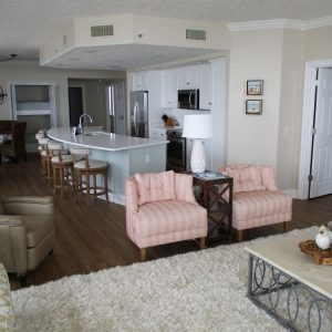 Living room, kitchen, and dining area
